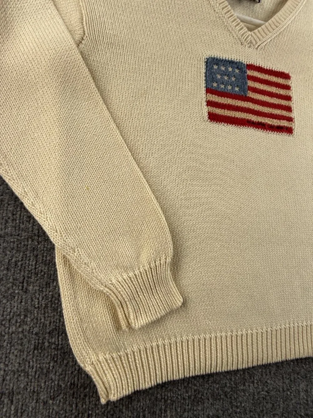 Ralph Lauren Sport USA Flag Graphic Ivory Large V-Neck Sweater Pullover Designer